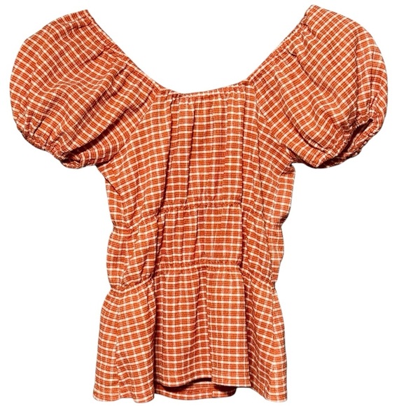Madewell Omaha Plaid Square Neck Puffed Sleeve Peasant Style Blouse Size XXS - Picture 8 of 12